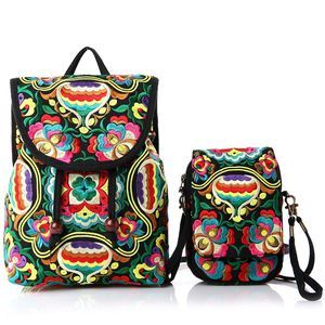 2 Pack Green Flowers Embroidered Women Bag Set, Canvas Backpack Purse and🦄